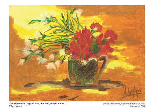 Vase avec oeillets rouges et blancs sur fond jaune de Vincent